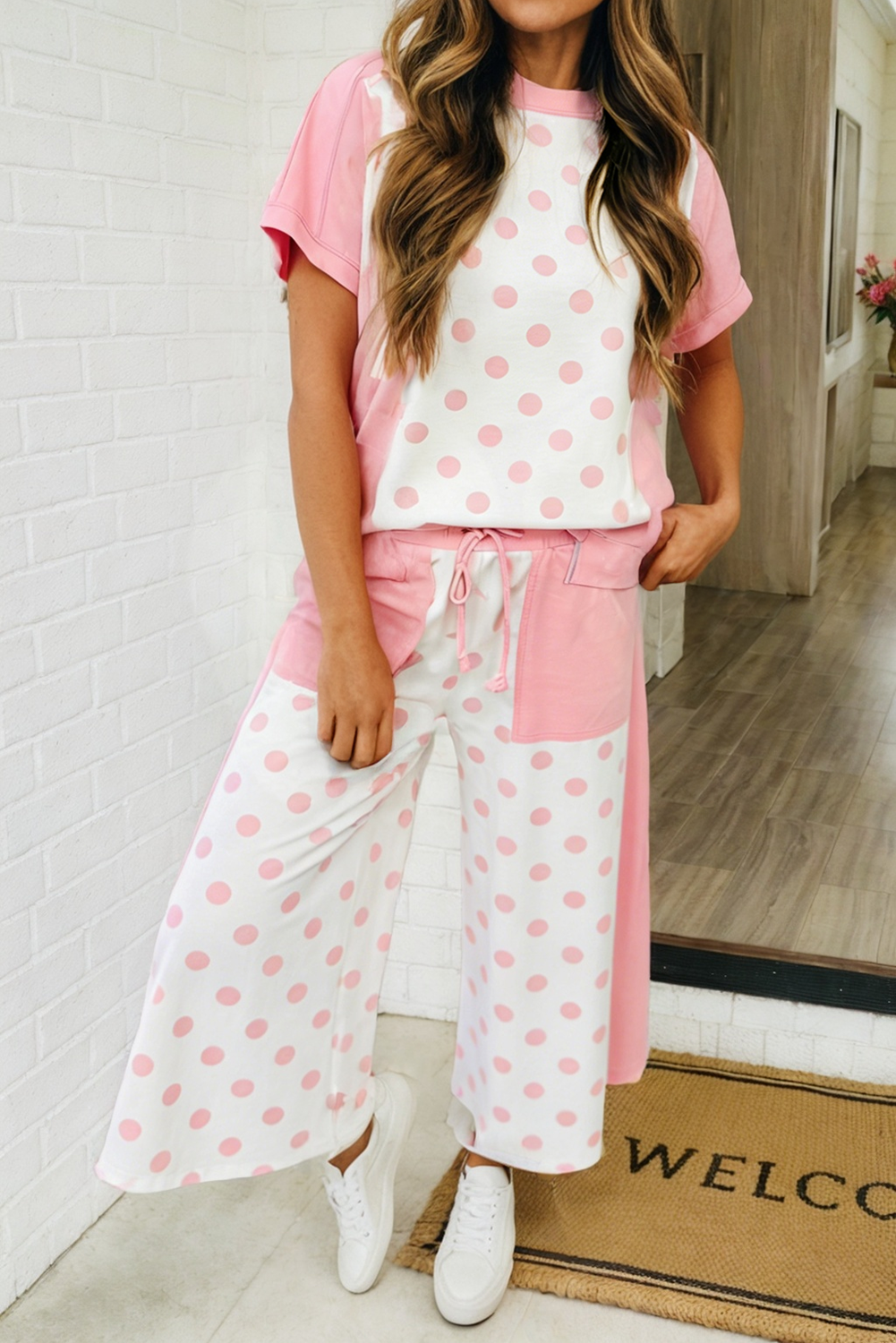 LAS-LIVE Polka Dot Print Top Drawstring Pants Set (S-XL)