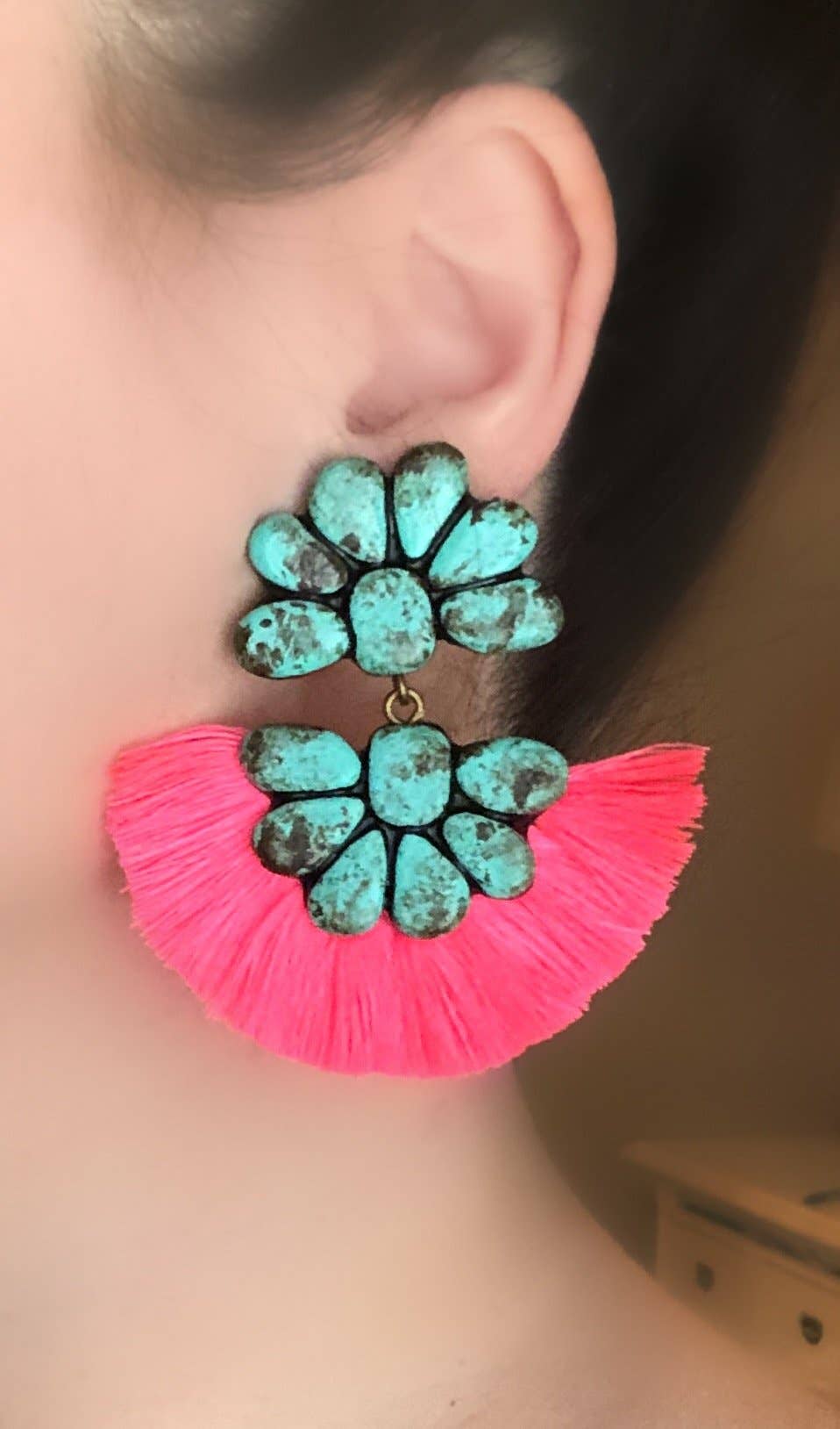 The Abbigails - Turquoise Stone With Neon Pink Fringe Western Handmade Clay