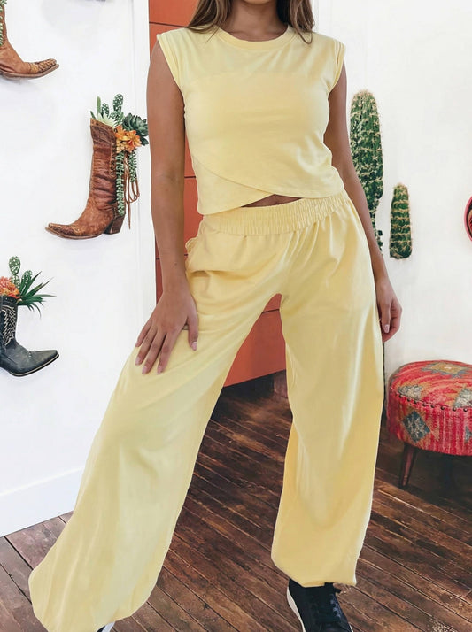 2026 Solid Color Cropped Tank Top and Jogger Pants Set