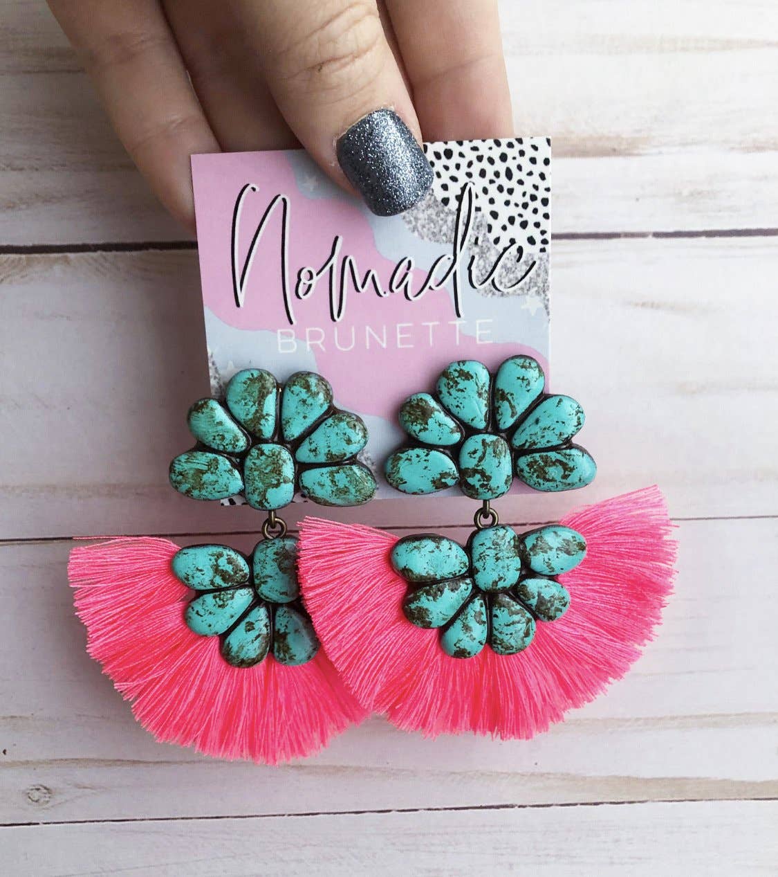 The Abbigails - Turquoise Stone With Neon Pink Fringe Western Handmade Clay