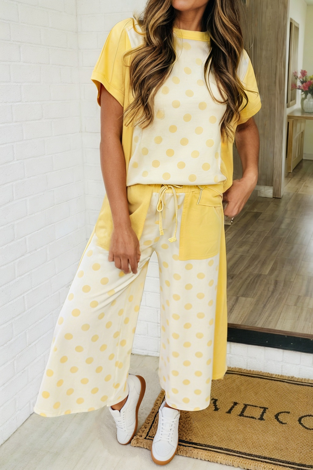 LAS-LIVE Polka Dot Print Top Drawstring Pants Set (S-XL)